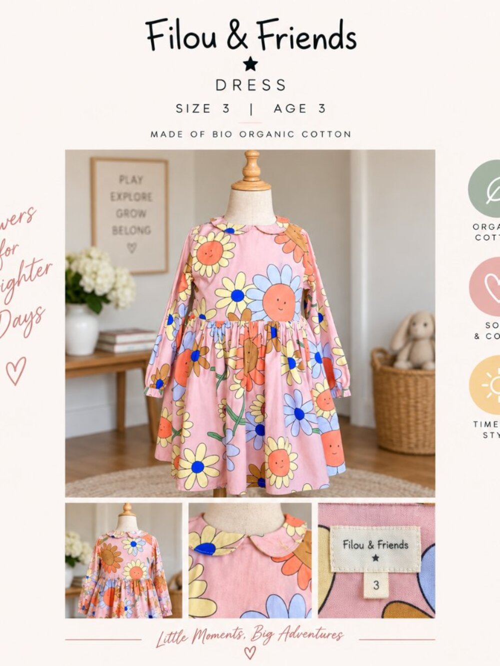 Filou & Friends Organic Cotton Sunflower Dress 3Y | Belgian